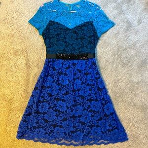 Shades of Blue Boutique Lace overlay cocktail dress with black embellished belt
